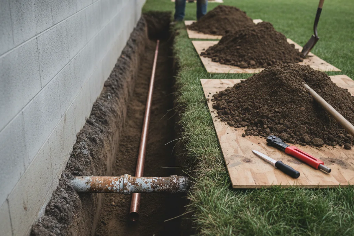 Excavated water line trench during Sewer Line Repair in Murray